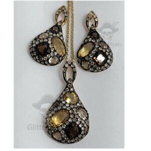 14k Gold Diamond Citrine and Smokey Quartz Pendant Earring Set